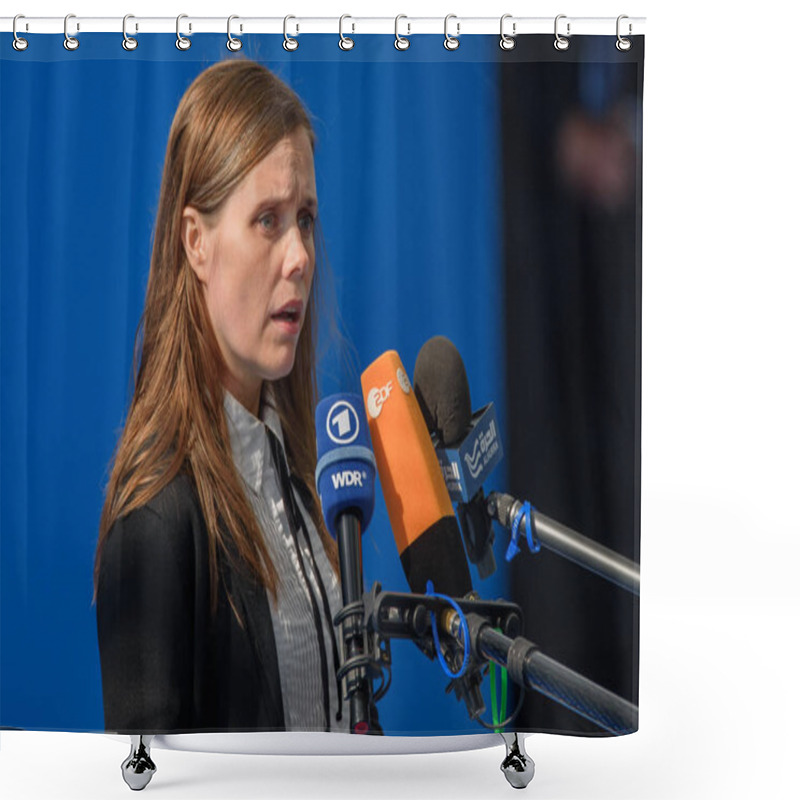 Personality  11.07.2018. BRUSSELS, BELGIUM. Katrn Jakobsdottir, Prime Minister Of Iceland, During World Leaders Arriving To NATO SUMMIT 2018 (North Atlantic Treaty Organization). Shower Curtains