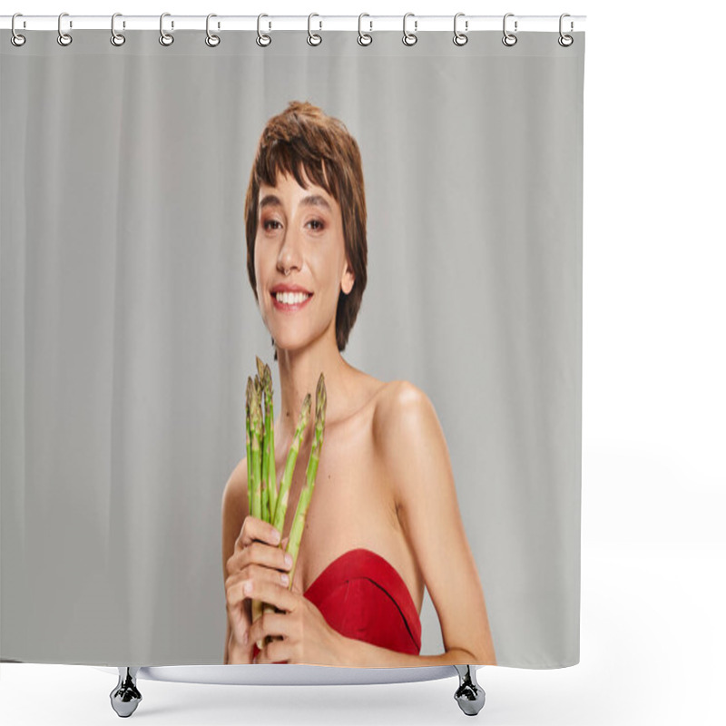 Personality  A Captivating Young Woman In A Radiant Red Dress Holds A Bunch Of Fresh Asparagus. Shower Curtains