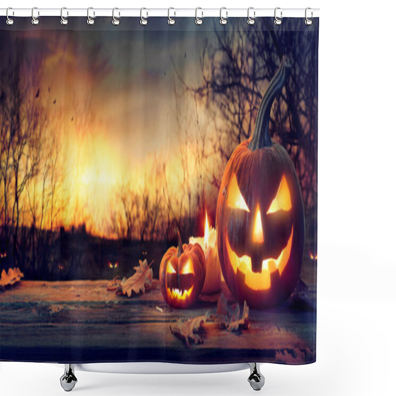 Personality  Jack O Lanterns In Spooky Forest With Ghost Lights - Halloween Background Shower Curtains