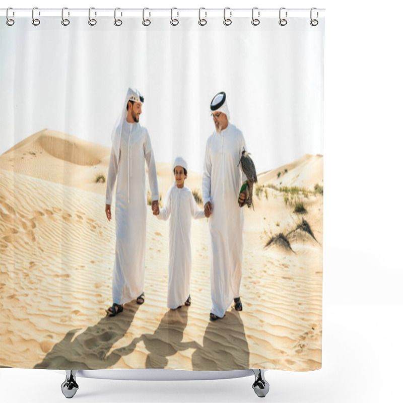 Personality  Three Generation Family Making A Safari In The Desert Of Dubai. Grandfather, Son And Grandson Spending Time Together In The Nature And Training Their Falcon Bird. Shower Curtains