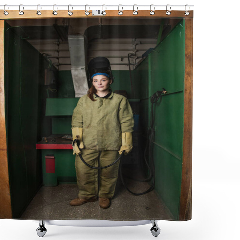 Personality  Young Welder In Uniform Holding Welding Torch In Factory  Shower Curtains