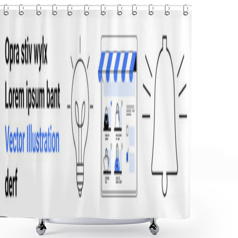 Personality  Text Block, Illuminated Lightbulb Icon Symbolizes Ideas, Storefront Interface With Products, Notification Bell. Ideal For E-commerce, Business Insights, Creativity, Notifications, UXUI Design Shower Curtains