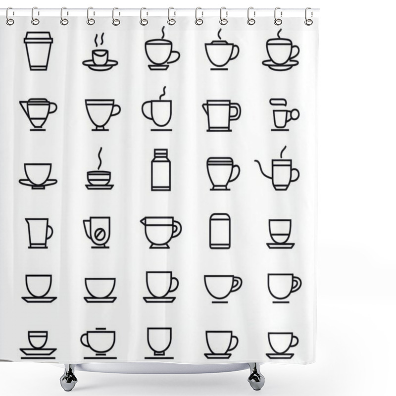 Personality  A Grid Of Minimalist Line Icons Featuring Various Coffee And Tea Cups, Emphasizing Different Styles And Shapes. Shower Curtains