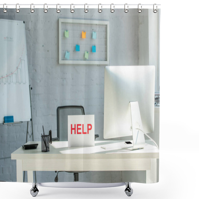 Personality  Interior Of Modern Workplace And Sign With Help Lettering  Shower Curtains