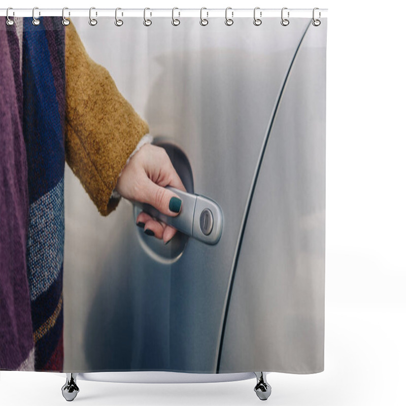 Personality  Partial View Of Woman Holding Car Door Handle Shower Curtains