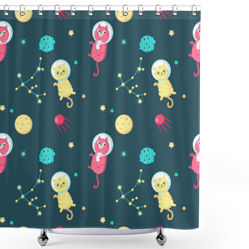 Personality  Cute Cats In Outer Space Vector Seamless Pattern Shower Curtains