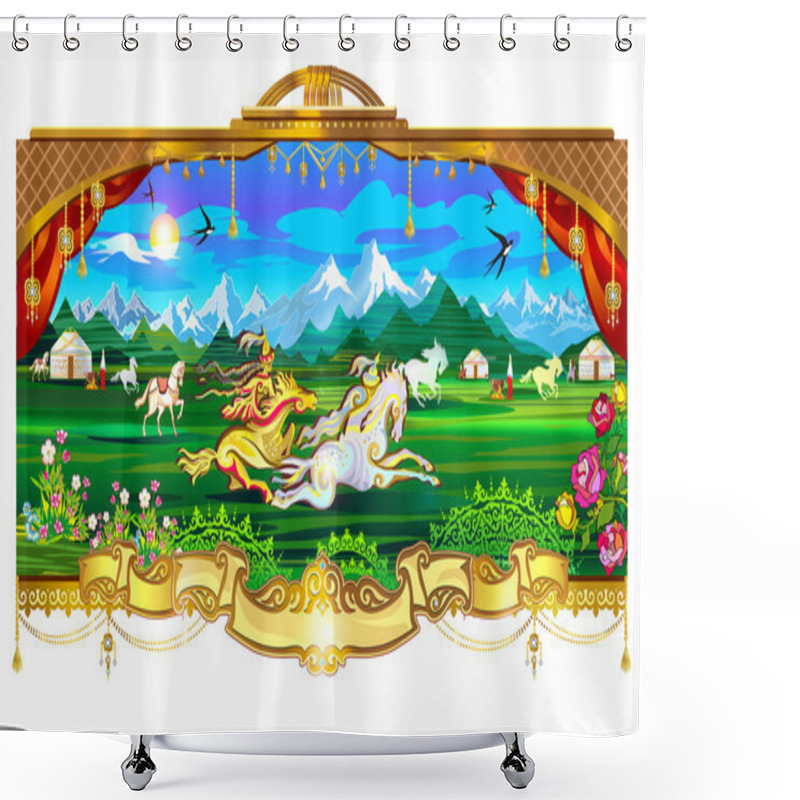 Personality  Village, Village, Yurts, Horses, Sky, Mountains, Grasslands, Fields, People Living In Yurts Shower Curtains