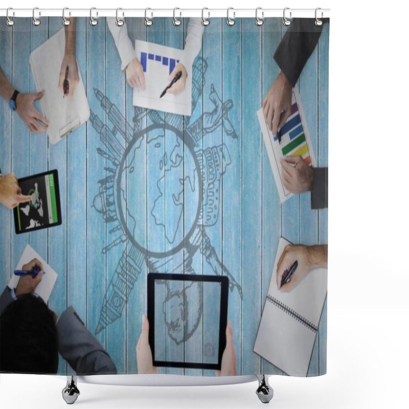 Personality  Overhead Of Business Team With Wood Panel And Earth Doodle Shower Curtains