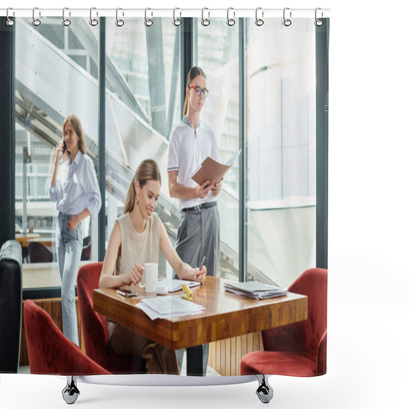 Personality  Two Young Colleagues In Smart Wear Working On Their Papers And One Talking On Phone, Coworking Shower Curtains