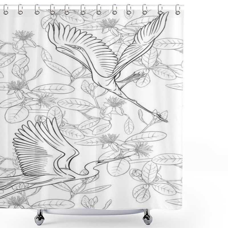 Personality  Pattern, Background With With Feijoa Flowers With Herons And Cockatoo Parrot. Vector Illustration. Outline Hand Drawing. Good For Coloring Page For Theadult Coloring Book. Shower Curtains