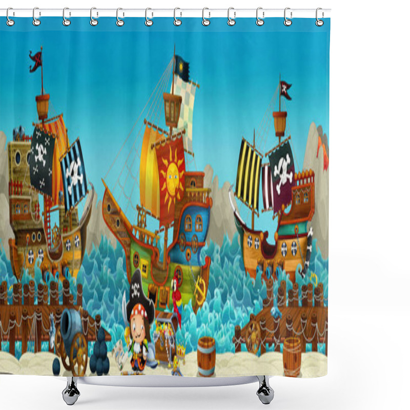 Personality  Cartoon Scene Of Beach Near The Sea Or Ocean - Pirate Captain On The Shore And Treasure Chest - Pirate Ships - Illustration For Children Shower Curtains