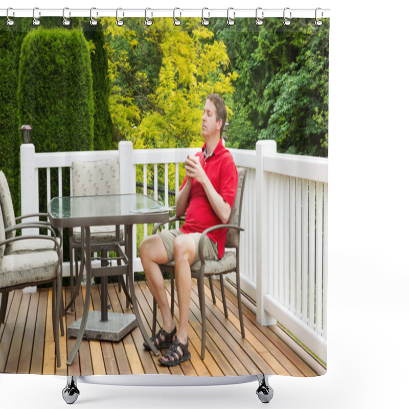 Personality  Mature Man Resting In Chair On Outdoor Patio With Cup Of Coffee  Shower Curtains