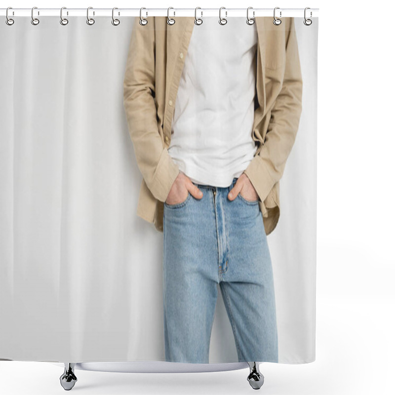 Personality  Cropped View Of Man In Shirt Holding Hands In Pockets Of Jeans On White Background  Shower Curtains