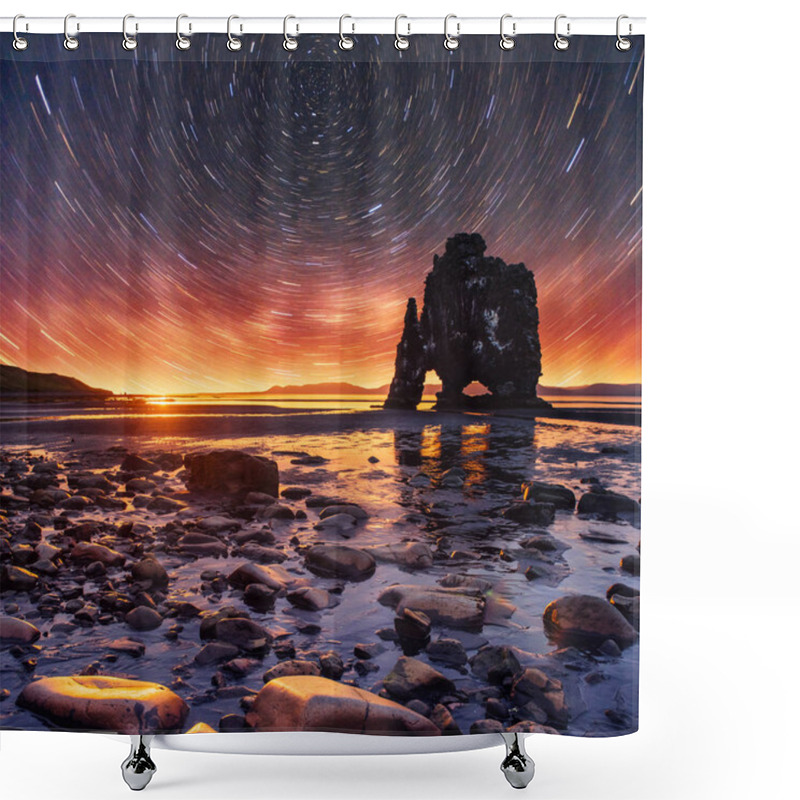 Personality  Starry Sky In A Spectacular Rock In The Sea On The Northern Coast Of Iceland. Legends Say It Is A Petrified Troll. Shower Curtains