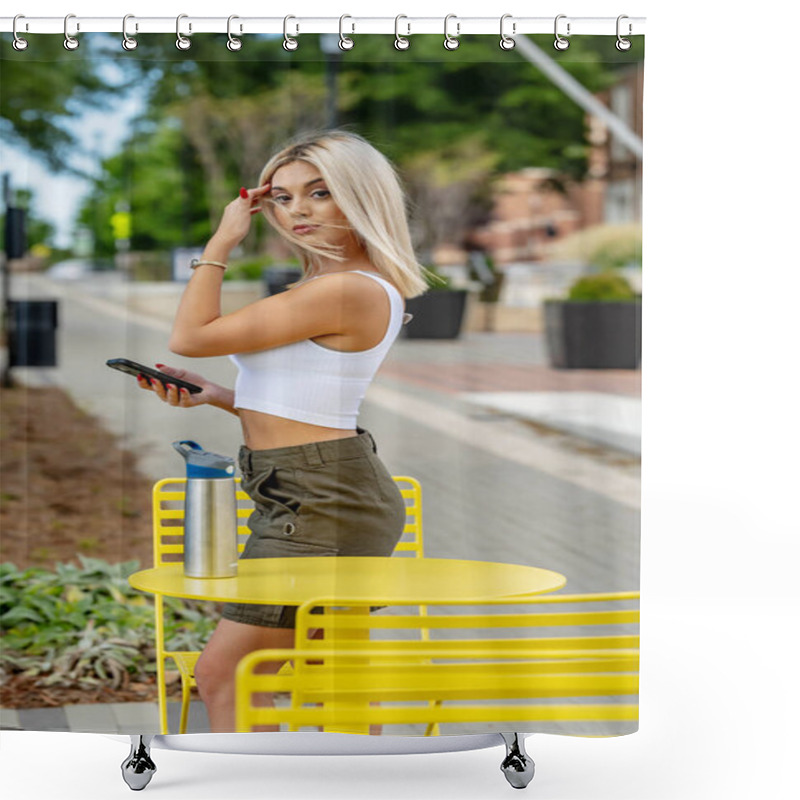 Personality  A Young Woman Strolls Her Quaint Town On A Lovely Spring Day, Phone In Hand. Surrounded By Blooming Flowers And Warm Sunlight, She Stays Connected, Blending Technology With The Charm Of Her Serene Surroundings Shower Curtains