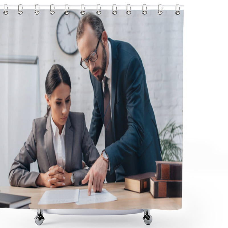 Personality  Selective Focus Of Lawyer Pointing With Finger Near Documents And Businesswoman  Shower Curtains