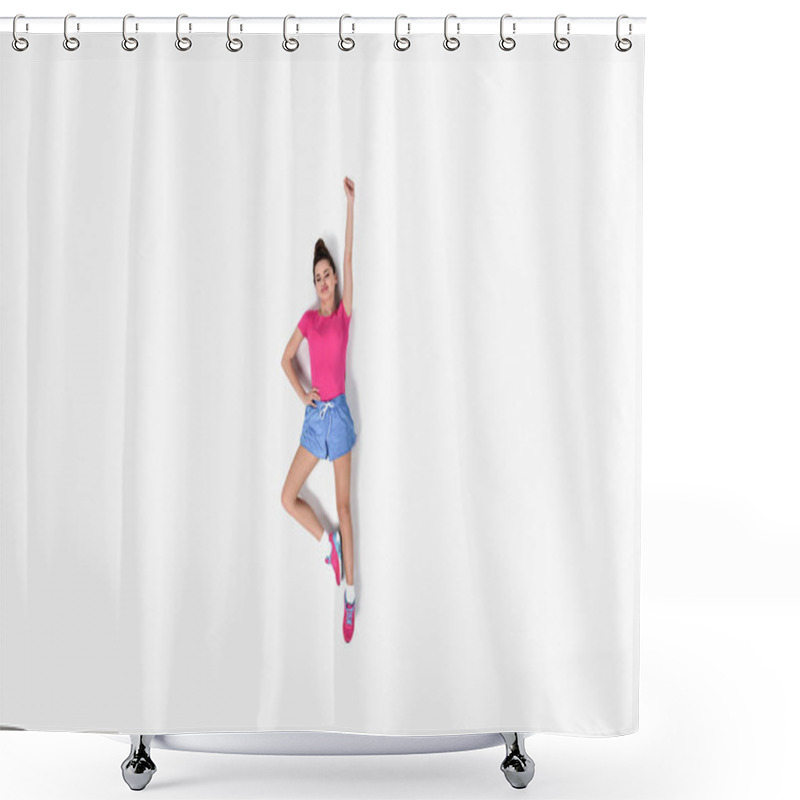 Personality  Top View Of Young Sportwoman In Superhero Position Isolated On White Shower Curtains