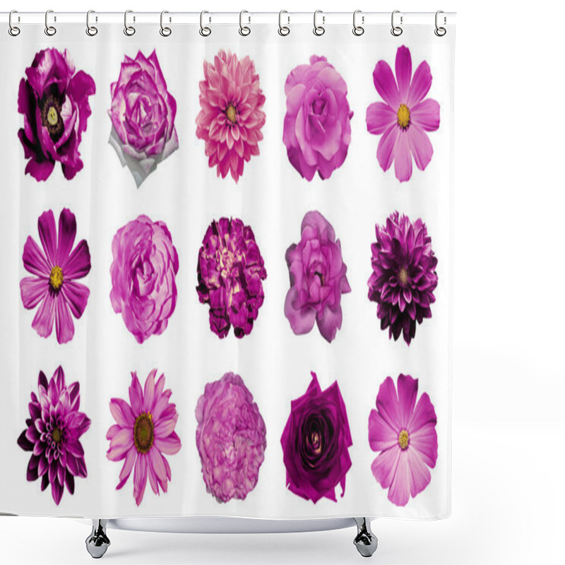 Personality  Mix Collage Of Natural And Surreal Pink Flowers 15 In 1: Dahlias, Primulas, Perennial Aster, Daisy Flower, Roses, Peony Isolated On White Shower Curtains