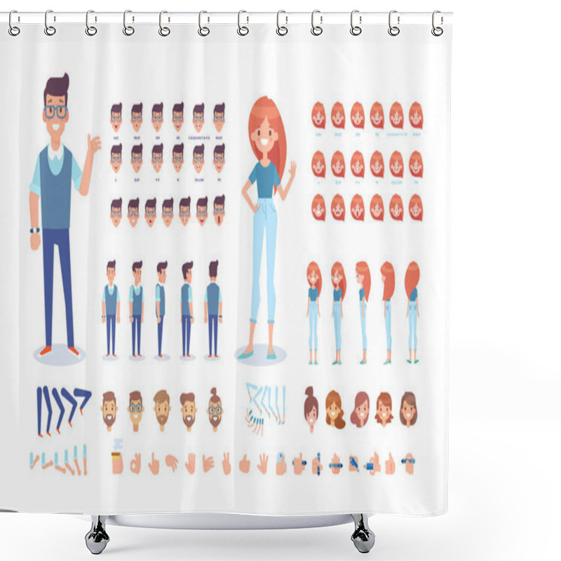 Personality  Front, Side, Back, 3/4 View Animated Characters. Young People Creation Set With Various Views, Hairstyles And Gestures. Cartoon Style, Flat Vector Illustration. Shower Curtains