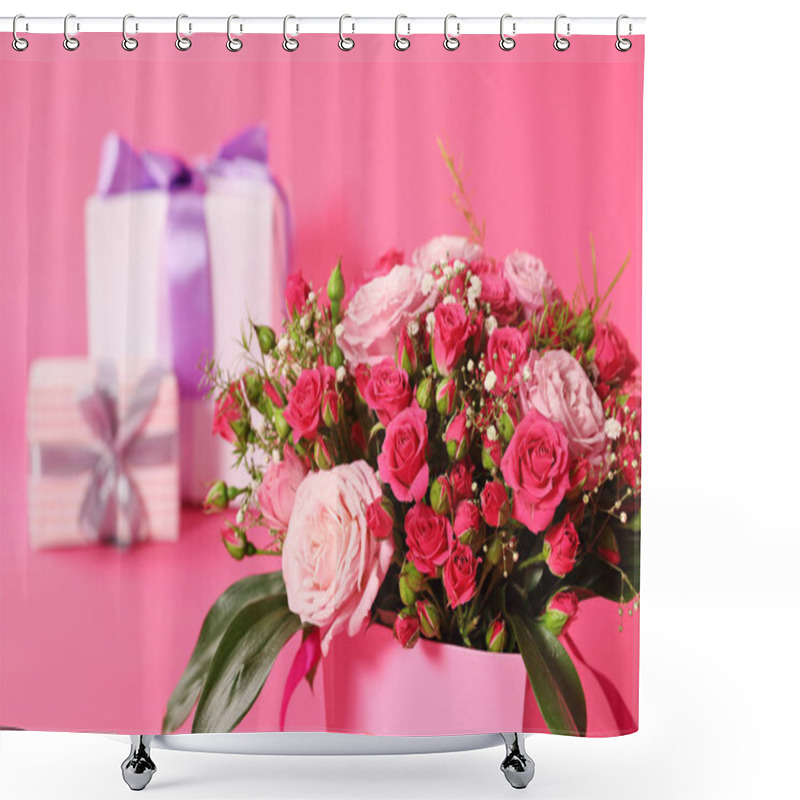 Personality  Beautiful Bouquet Of Flowers And Blurred Gift Boxes On Background Shower Curtains