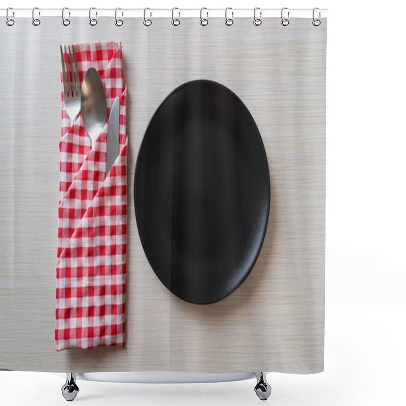 Personality  Empty Plate Or Dish With Knife, Fork And Spoon On Wood Tile Background Shower Curtains