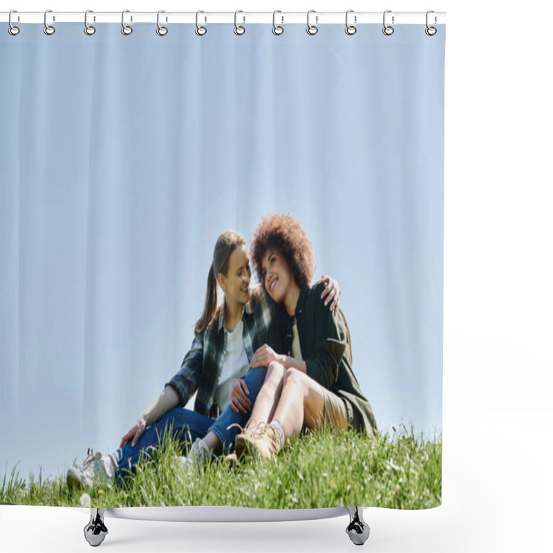 Personality  Two Young Women, A Lesbian Couple, Are Hiking In The Wilderness And Enjoying Each Others Company. Shower Curtains