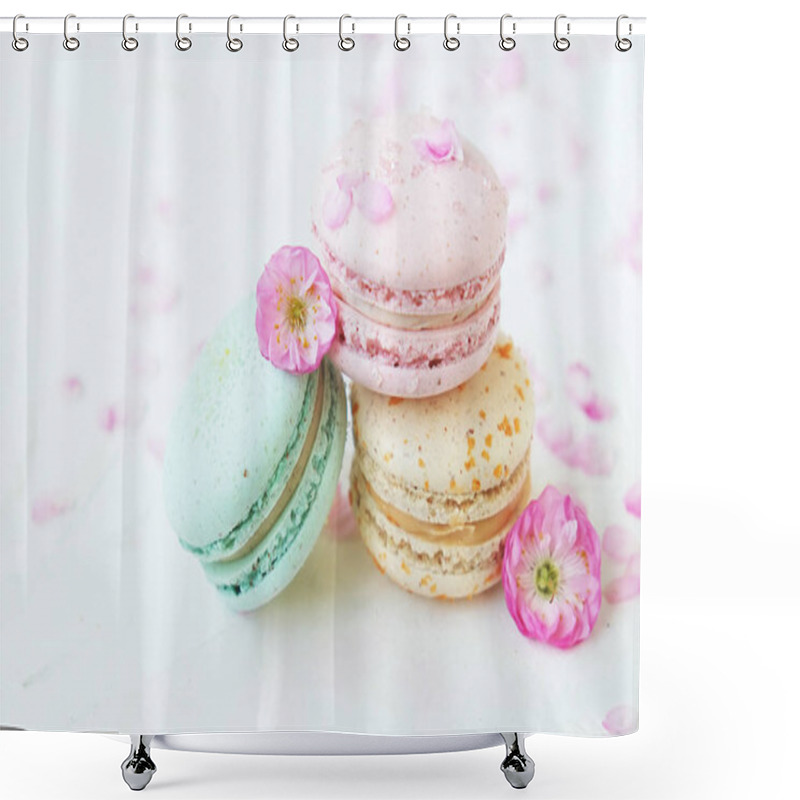 Personality  Macaron Or Macaroon French Coockie On White Textured Background With Spring Lila Flowers, Pastel Colors.  Shower Curtains