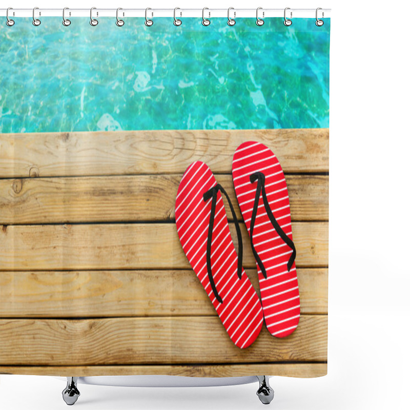 Personality  Flip Flops On Wooden Deck Shower Curtains