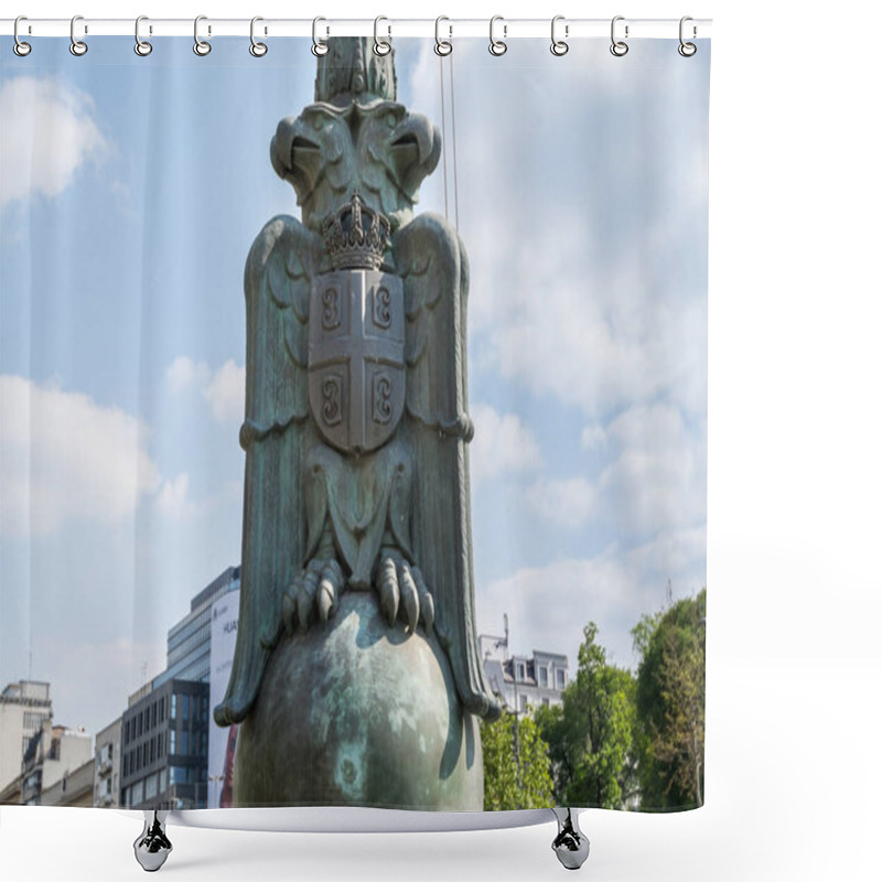 Personality  Two Heads Eagle Statue In Front Of The Parliament Of Serbia In Belgrade, Or The National Assembly Of Serbia Shower Curtains