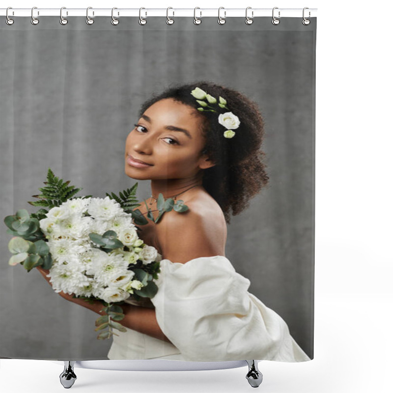 Personality  African American Bride In White Dress With Flowers In Her Hair Holds Bouquet Against Grey Background. Shower Curtains