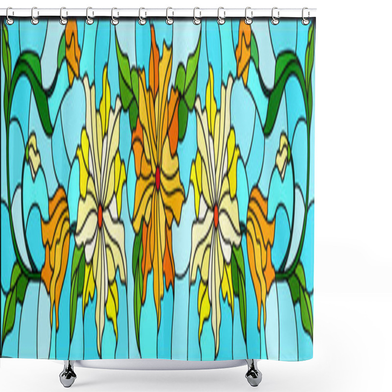 Personality  Illustration In Stained Glass Style With Flowers, Leaves And Buds Of Yellow  Flowers On A Blue Background, Symmetrical Image, Horizontal Orientation Shower Curtains