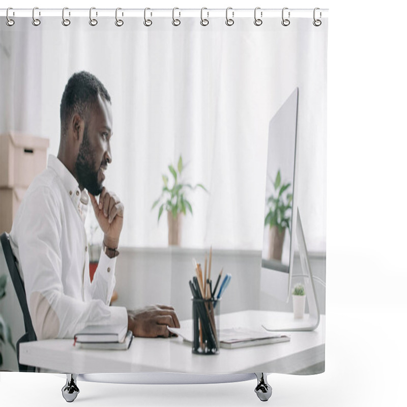 Personality  Side View Of Cheerful Handsome African American Businessman Working At Computer In Office Shower Curtains