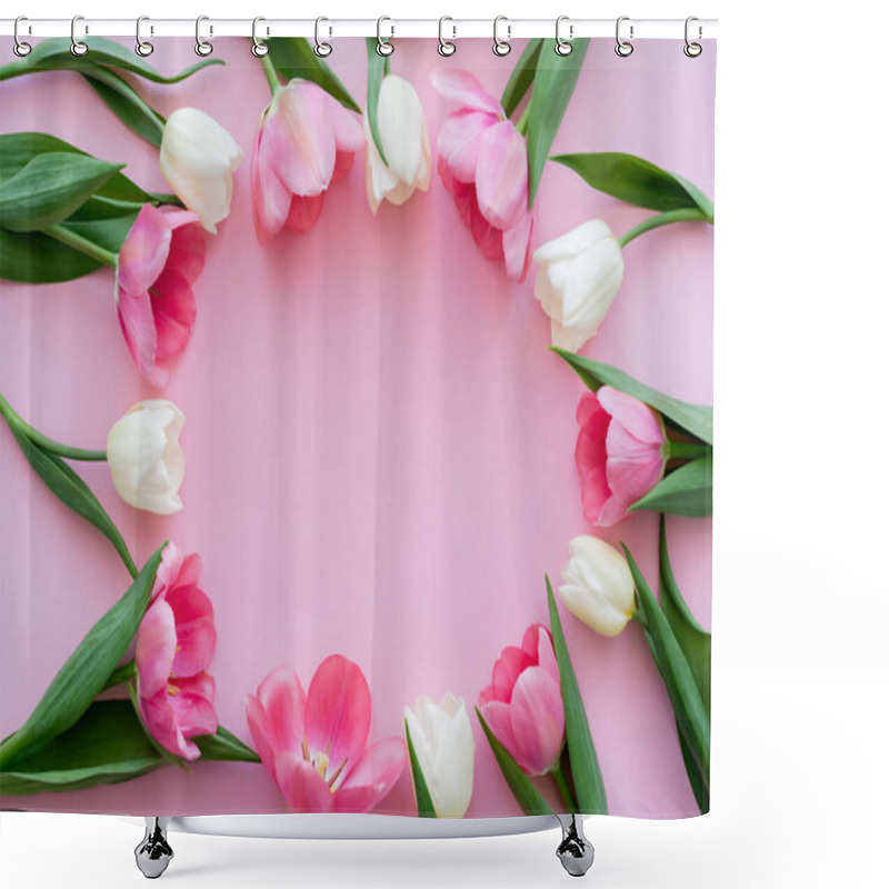 Personality  Top View Of Frame With Blooming Flowers On Pink  Shower Curtains