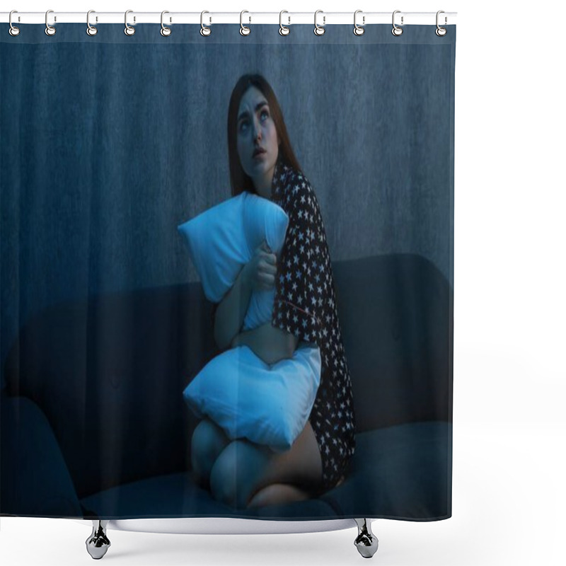 Personality  Fear Of Darkness. Scared Young Woman Hugging Pillow On Couch Indoors At Night, Space For Text Shower Curtains