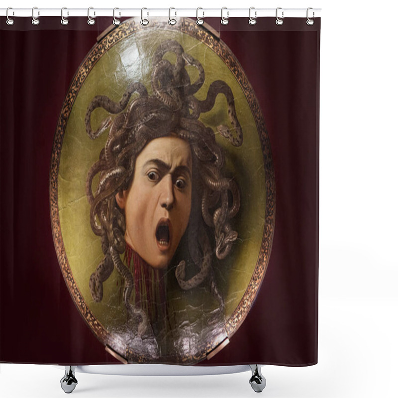 Personality  Florence, Italy - May 23, 2023: Famous Painting Masterpiece Of Medusas Head With Snakes Hair, Mouth Agape In Terror, Displayed On A Round Shield By Baroque Painter Caravaggio In Uffizi Gallery, Italy. Shower Curtains