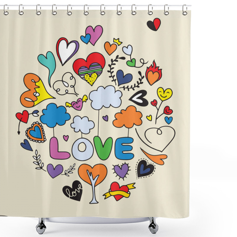 Personality  Valentine's Day Theme Doodle Set. Traditional Romantic Symbols: Heart Shapes,Cartoon Vector Hand Drawn Doodle Love Illustration. Line Art Sketchy Detailed Design Background With Objects And Symbols. All Objects Are Separated Shower Curtains