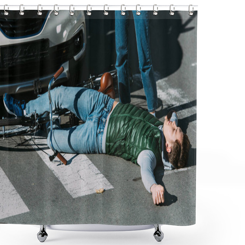 Personality  Cropped Shot Of Woman Standing Near Injured Cyclist After Car Accident Shower Curtains