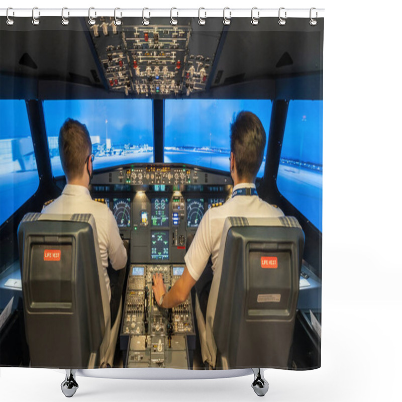 Personality  Gdansk, Poland - December 06, 2020: Interior Of Modern Flight Simulator For The Training Of The Pilots. Shower Curtains