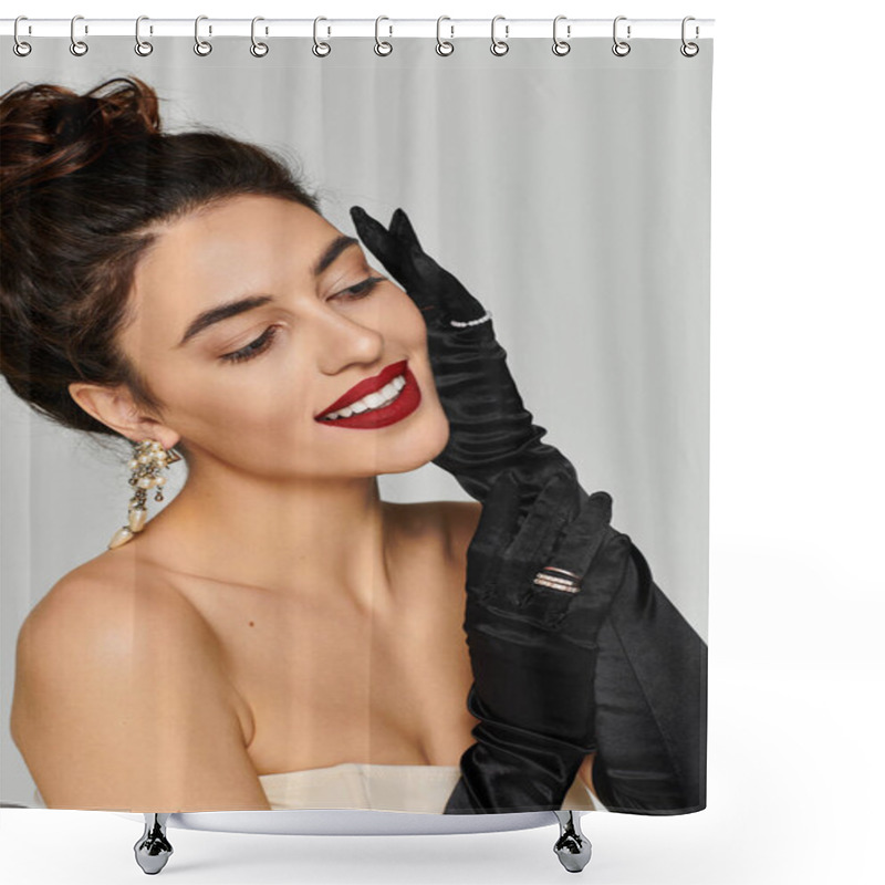 Personality  Young Beautiful Woman Showcases Her Style With Elegant Gloves And Bold Red Lipstick, Smiling. Shower Curtains