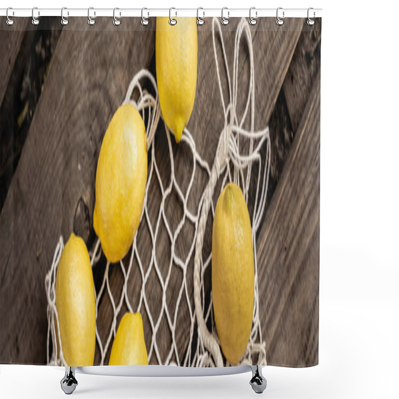 Personality  Top View Of Fresh And Juicy Lemons Lying Near Mesh Bag On Wooden Planks, Yellow Fruit, Citrus, Composition, Ingredients, Rustic, Sour Food, Vitamin C, Summer Concept, Banner  Shower Curtains