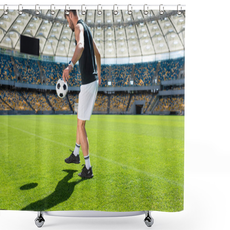 Personality  Handsome Young Soccer Player Bouncing Ball On Leg At Sports Stadium Shower Curtains