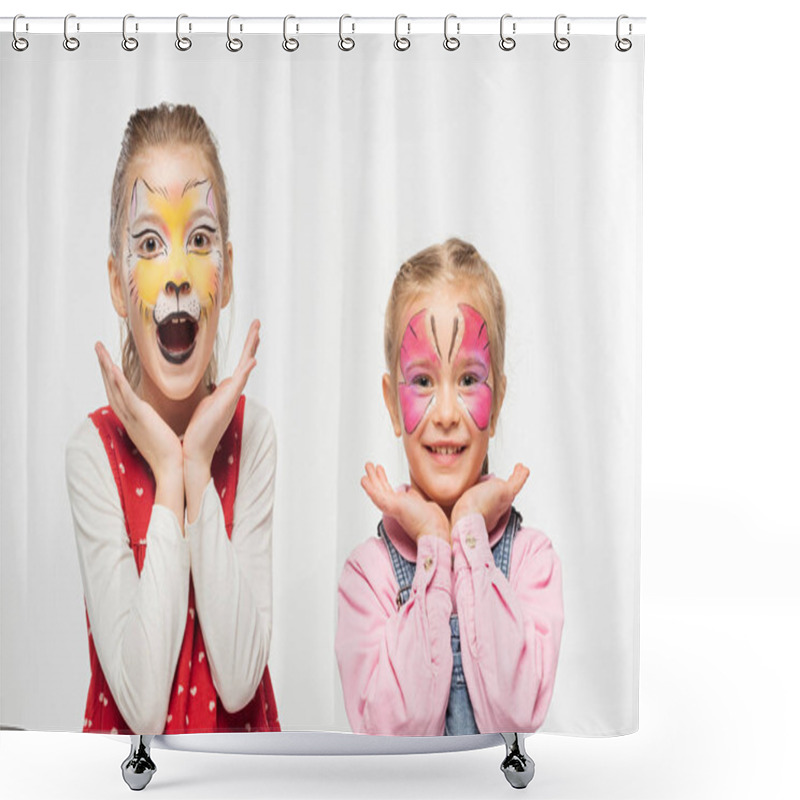 Personality  Excited Friends With Cat Muzzle And Butterfly Paintings On Faces Looking At Camera Isolated On White Shower Curtains