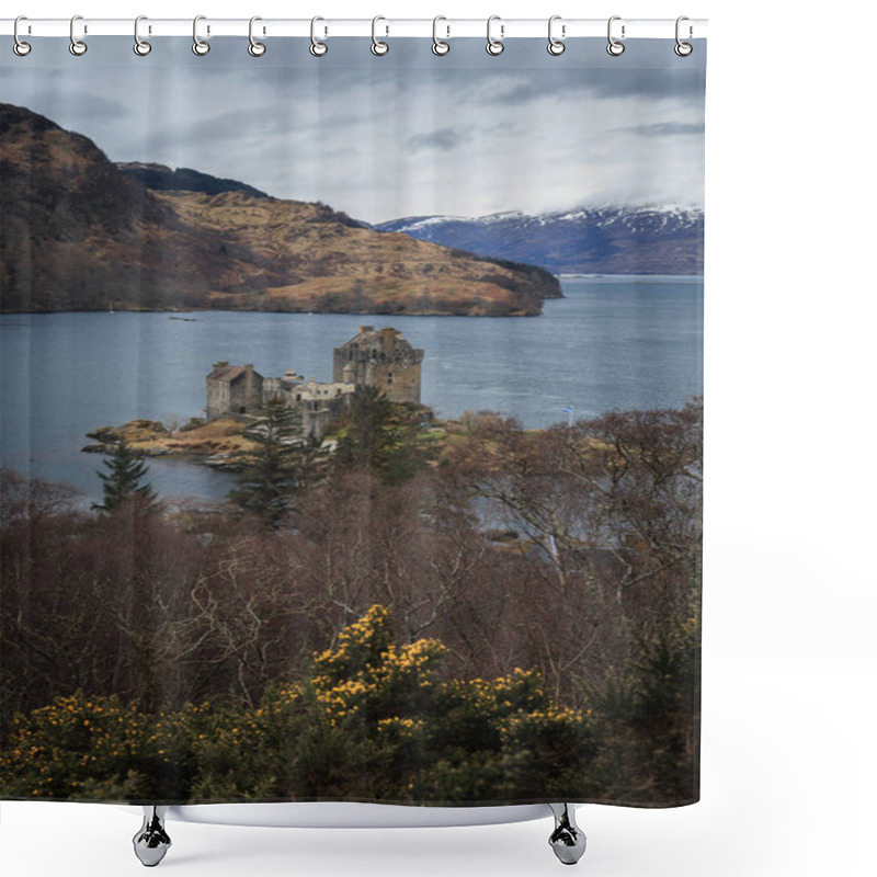 Personality  Eilean Donan Castle On The Shore Of Loch Duich In Cloudy Day. Medieval Castle In Scottish Highlands. View From Above. Shower Curtains