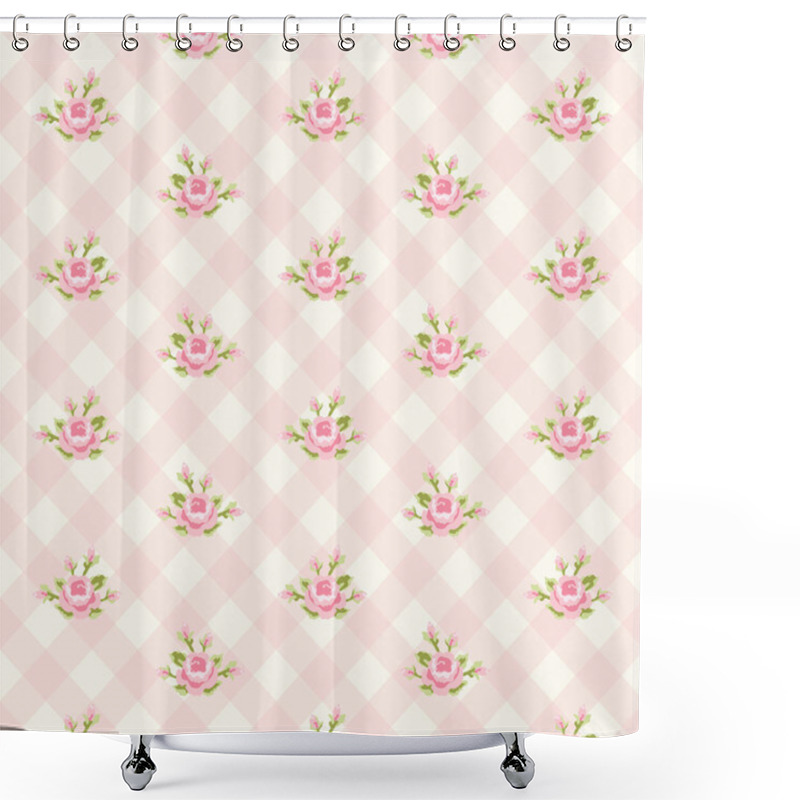 Personality  Shabby Chic Pattern With Roses On Plaid Background Shower Curtains