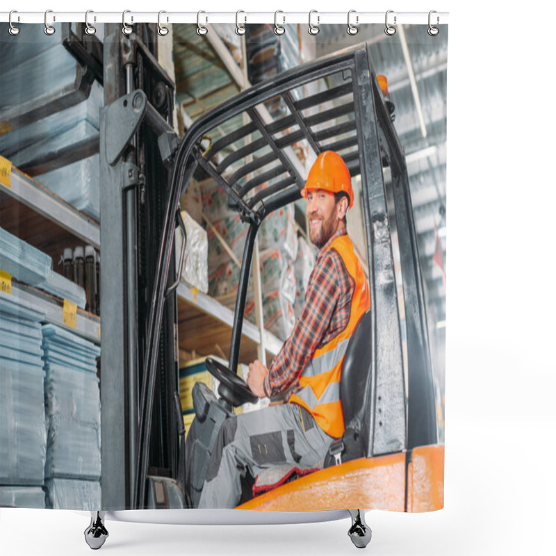 Personality  Male Worker In Safety Vest And Helmet Sitting In Forklift Machine In Storage Shower Curtains