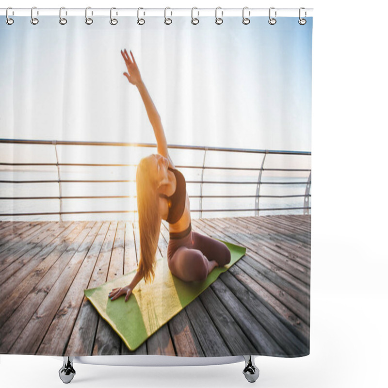 Personality  Beautiful Young Woman Doing Yoga Postures Outdoors Shower Curtains