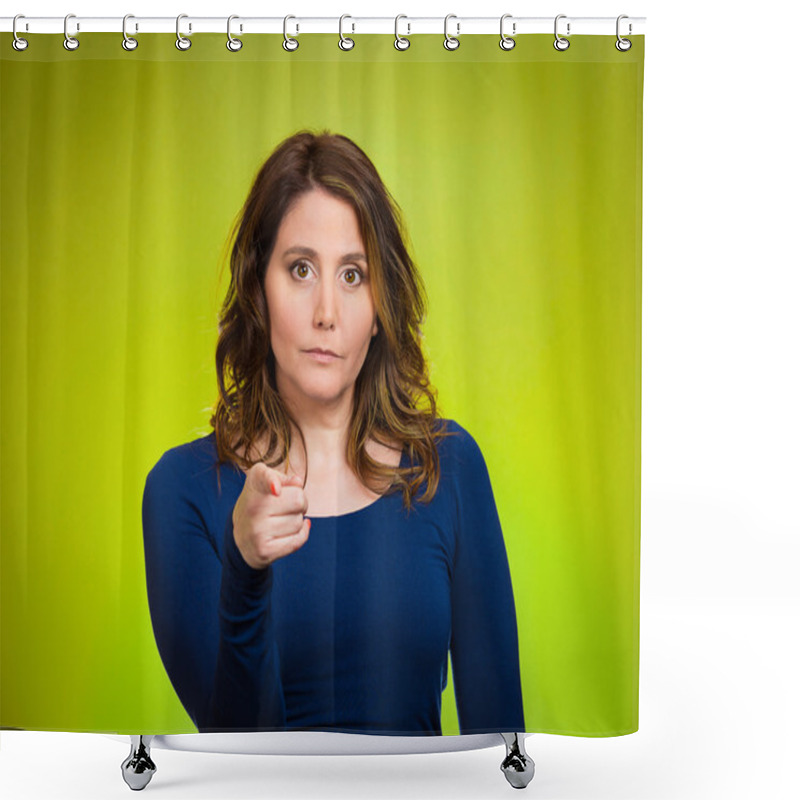 Personality  Serious Woman Pointing Finger At Someone, Blaming Shower Curtains