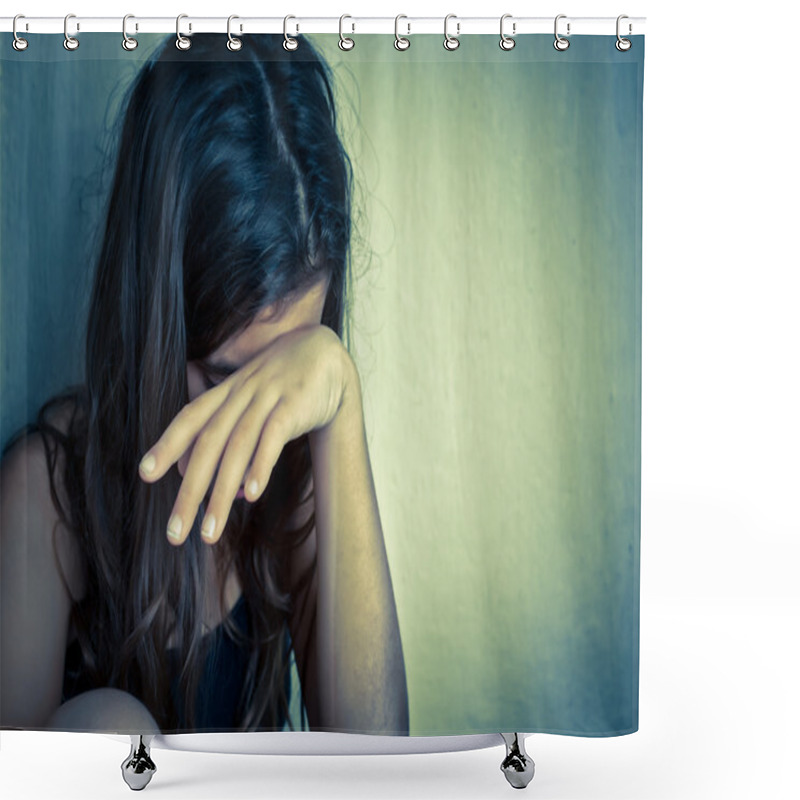 Personality  Lonely Girl Crying With A Hand Covering Her Face Shower Curtains