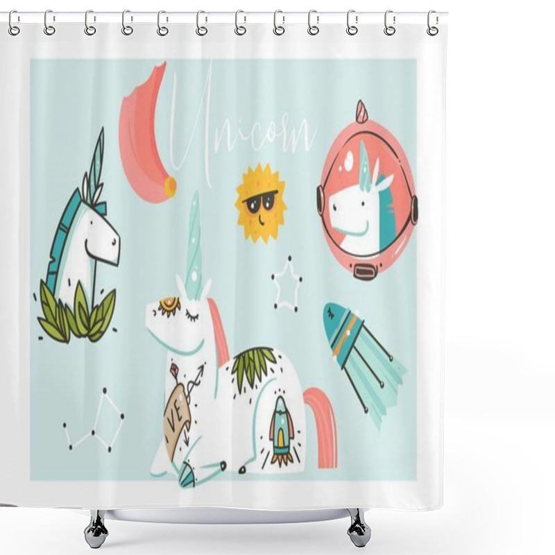 Personality  Hand Drawn Vector Abstract Graphic Creative Artistic Cartoon Illustrations Collection Set With Unicorns With Old School Tattoo,flowers,galaxy Planets And Spaceship Isolated On White Background Shower Curtains