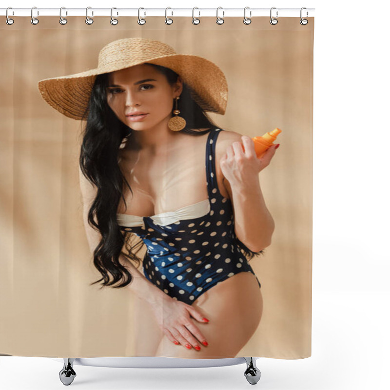 Personality  Sexy Brunette Woman In Polka Dot Swimsuit And Straw Hat Applying Sunscreen On Beige Background Shower Curtains